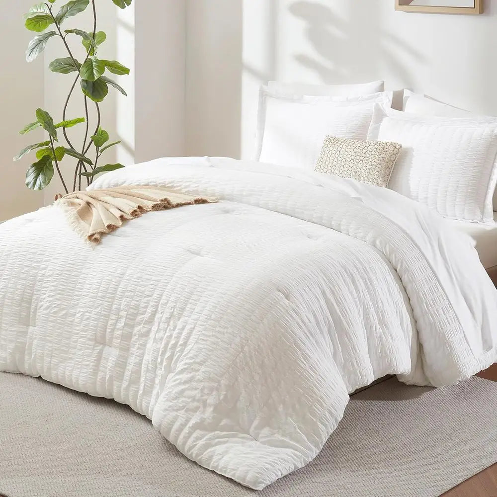 Luxury King Comforter Set – White Seersucker 7 Piece Bedding Collection, 120x98 King Bed in a Bag Set.