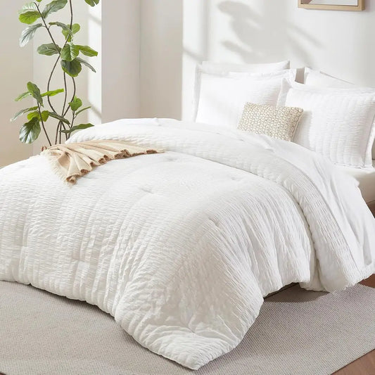 Luxury King Comforter Set – White Seersucker 7 Piece Bedding Collection, 120x98 King Bed in a Bag Set.
