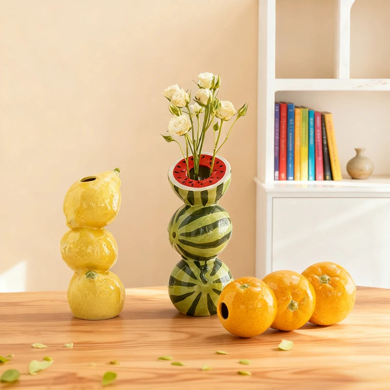 Fruit-Inspired Ceramic Vase with Orange, Lemon, and Watermelon Design for a Fun Summer BBQ or Decor.