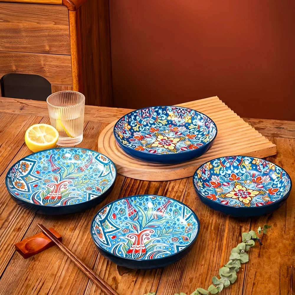 Creative Bohemian Ceramic Dinner Plate – High-Rimmed Multi-Use Home Dish