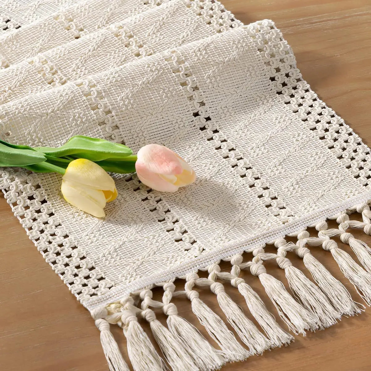 Cream & Brown Boho Table Runner with Tassels – Farmhouse Table Decor Accent