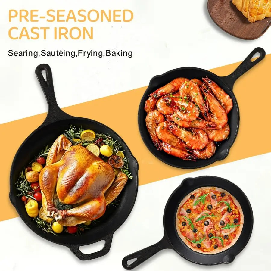Cast Iron Skillet 3-Piece Set – Heavy Duty Pre-Seasoned Chef Quality Cookware (6”, 8”, 10”)