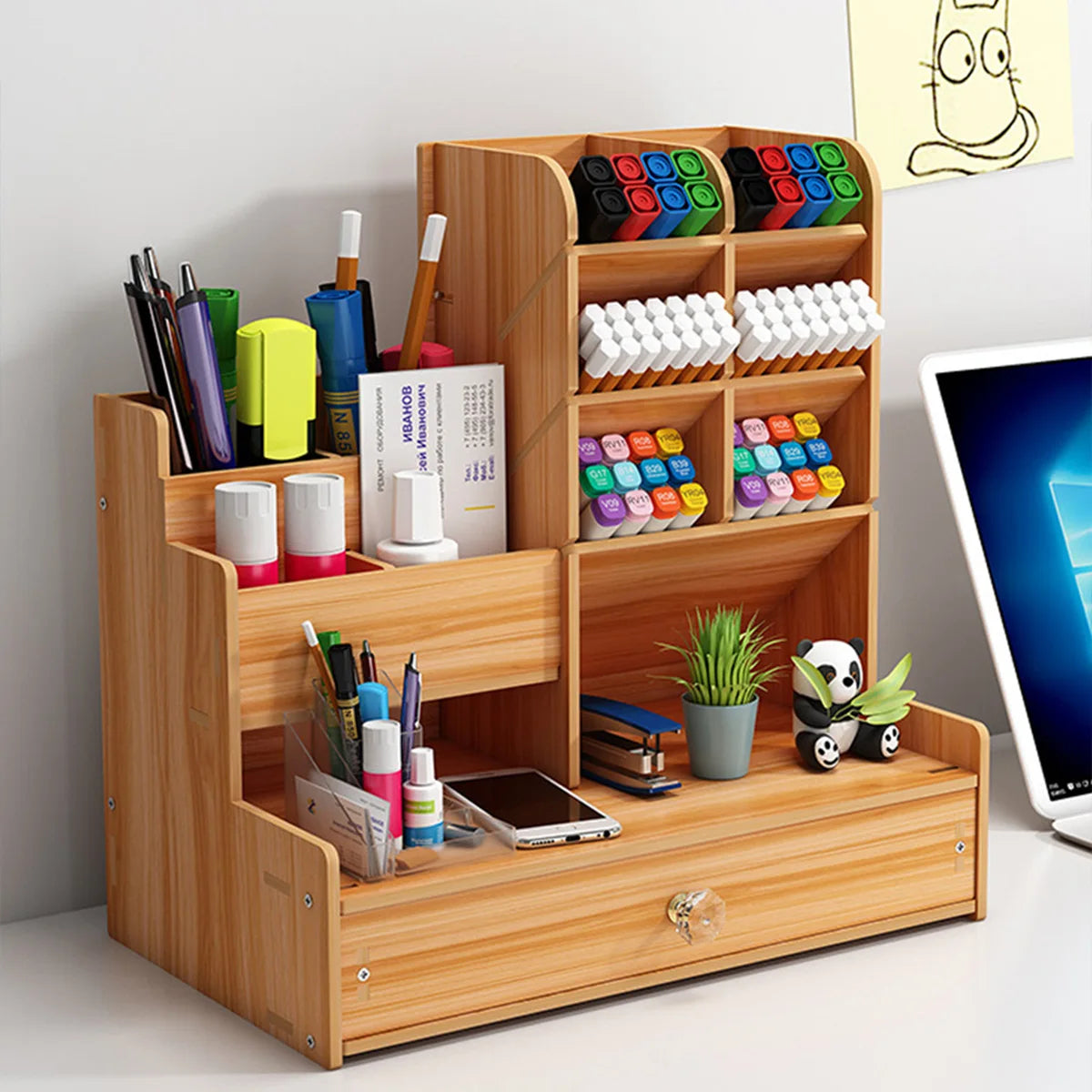 Wooden Desktop Organizer for Pens and Office Supplies