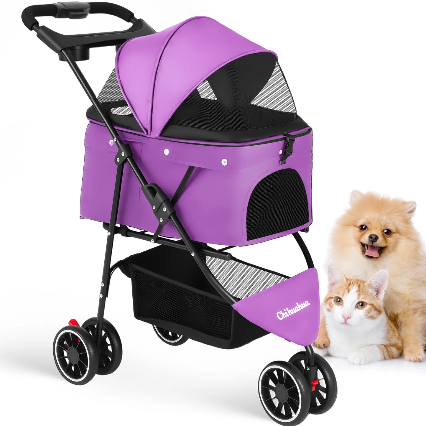 Portable Foldable Pet Stroller for Small Dogs and Cats; with Canopy and Storage Basket in Multiple Colors.
