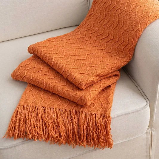 Cozy Orange Couch Throw Blanket – Knitted Tassel Decorative Blanket 50x60.