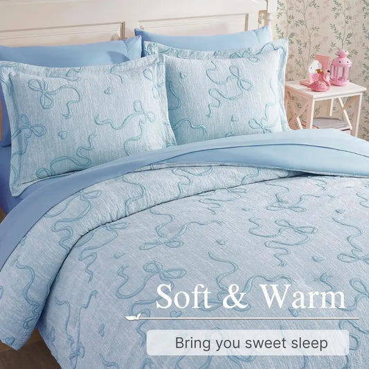Light Blue Twin Comforter Set for Girls – 5 Piece Bowknot Jacquard Bed in a Bag Bedding Set