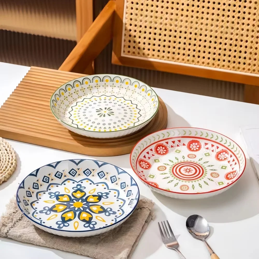 Creative Bohemian Ceramic Dinner Plate – High-Rimmed Multi-Use Home Dish