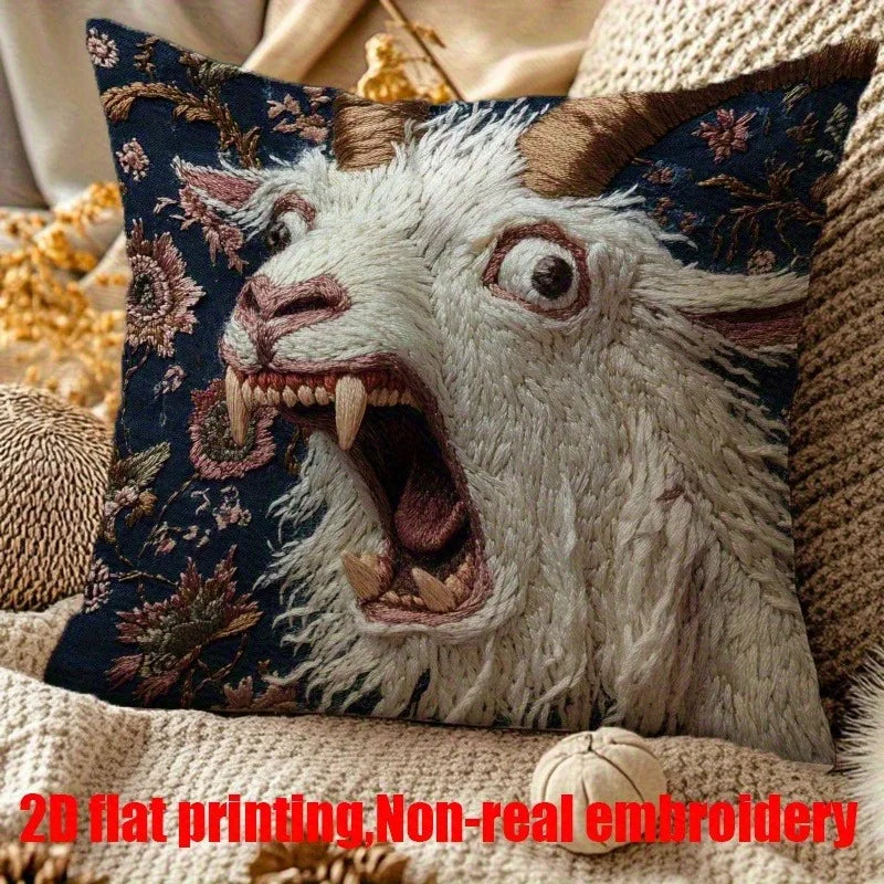 Funny Spooky Goat Face Pillow Cover – Sofa Cushion Case with Flat Print Design