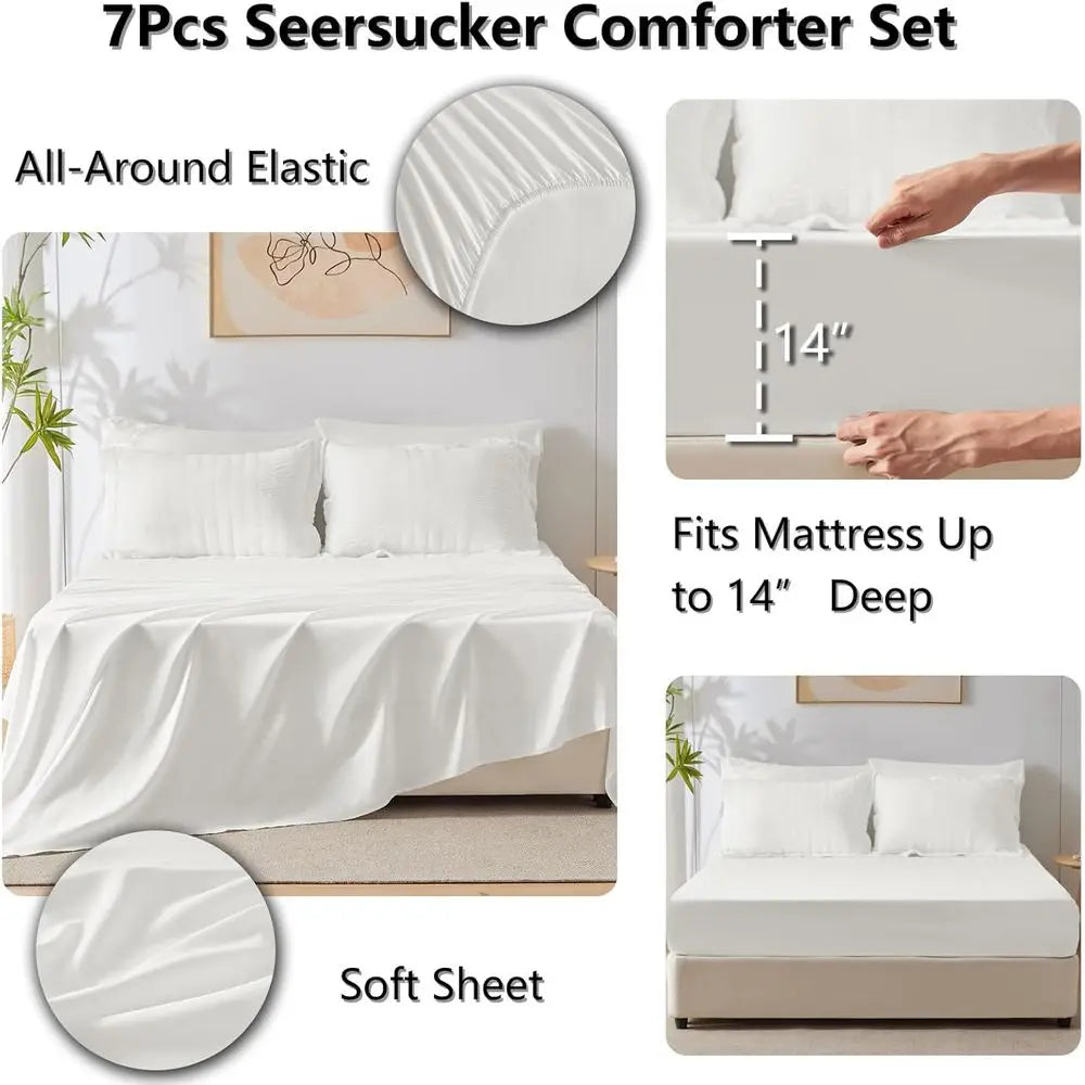 Luxury King Comforter Set – White Seersucker 7 Piece Bedding Collection, 120x98 King Bed in a Bag Set.