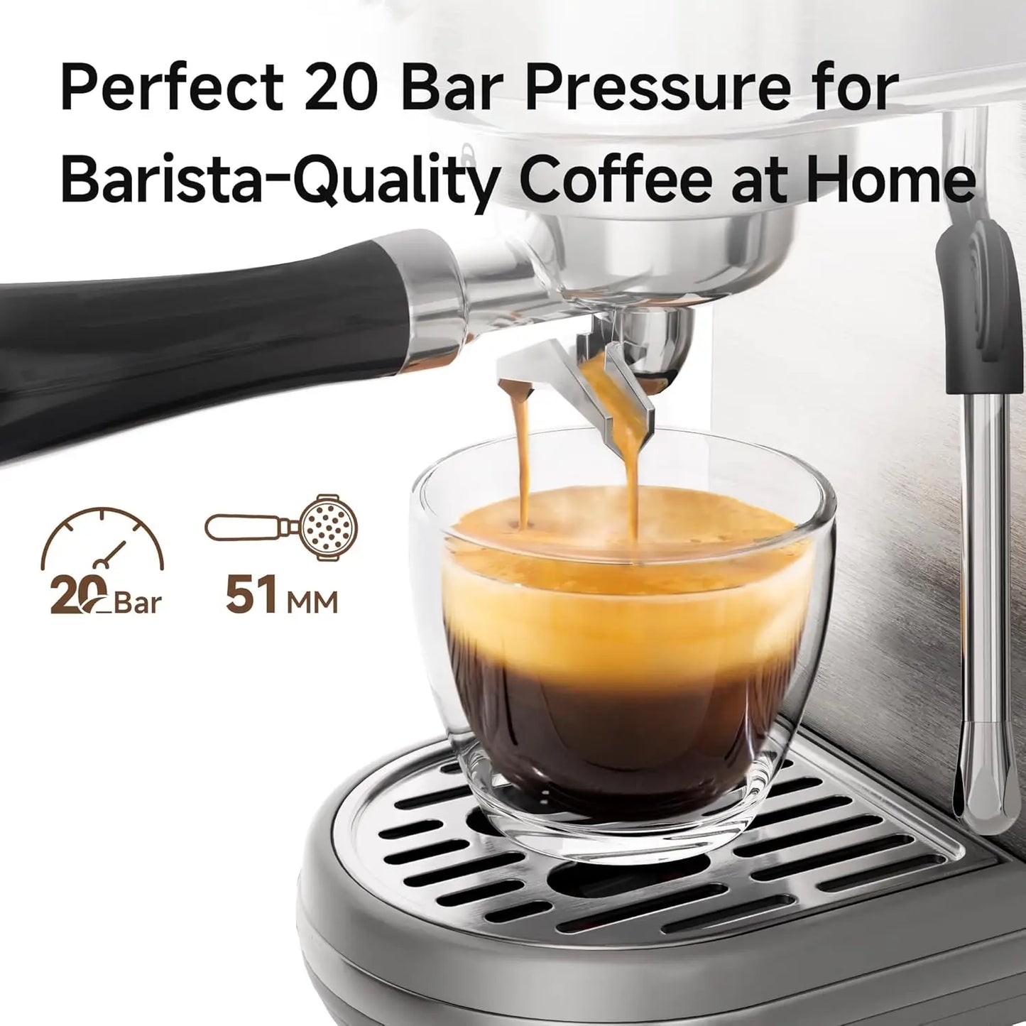 51mm Espresso Machine with Adjustable Temperature & Cup Volume, Intelligent Display & Pressure Gauge, Stainless Steel.
