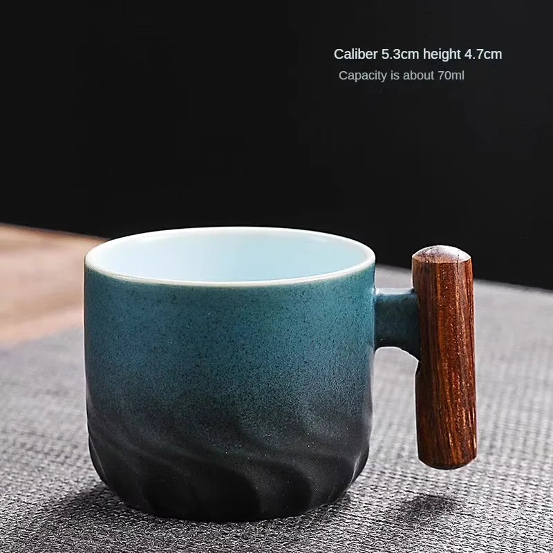 Handmade Ceramic Coffee Mug with Wooden Handle – Retro Tea & Coffee Cup with Filter Design