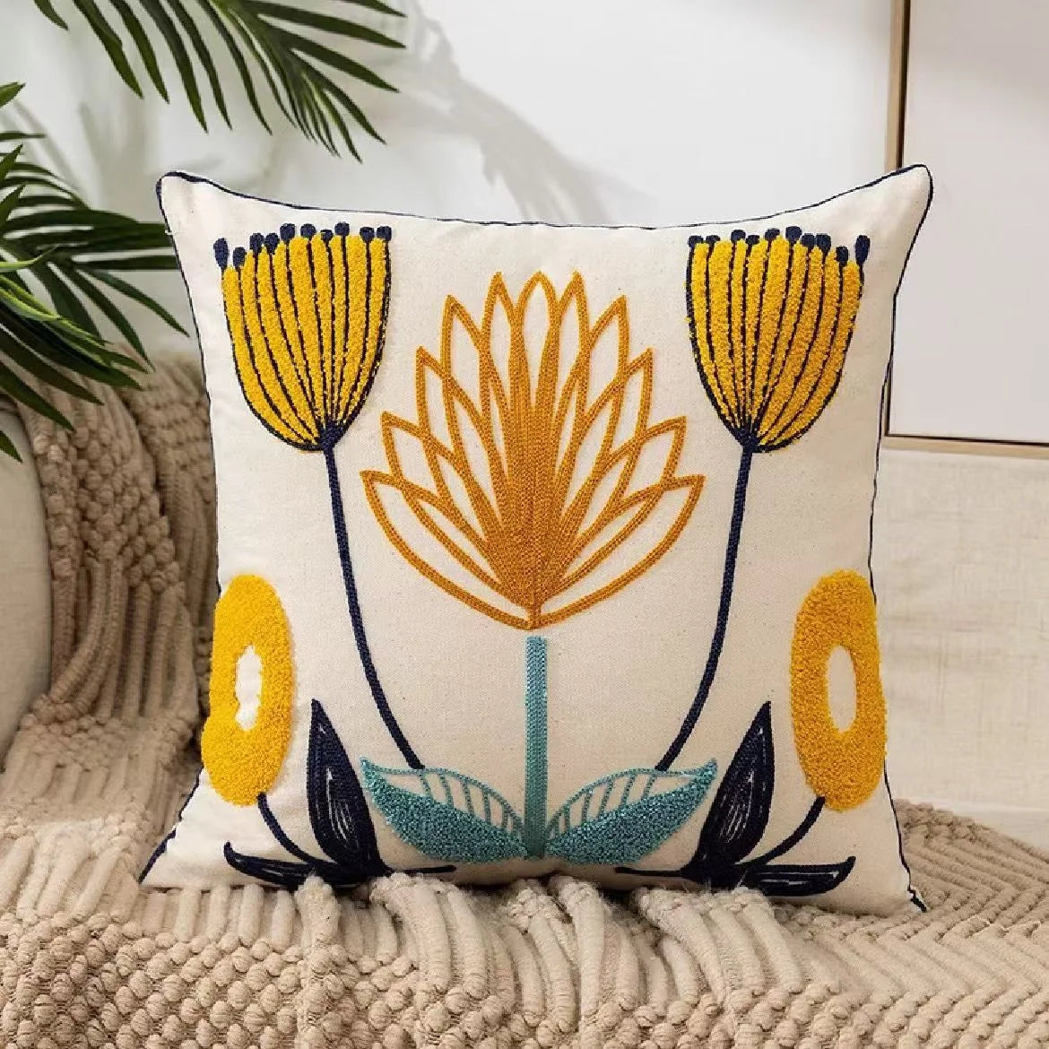 Pure Cotton Flower Towel Embroidered Cushion Cover – Modern Nordic Sofa Pillowcase