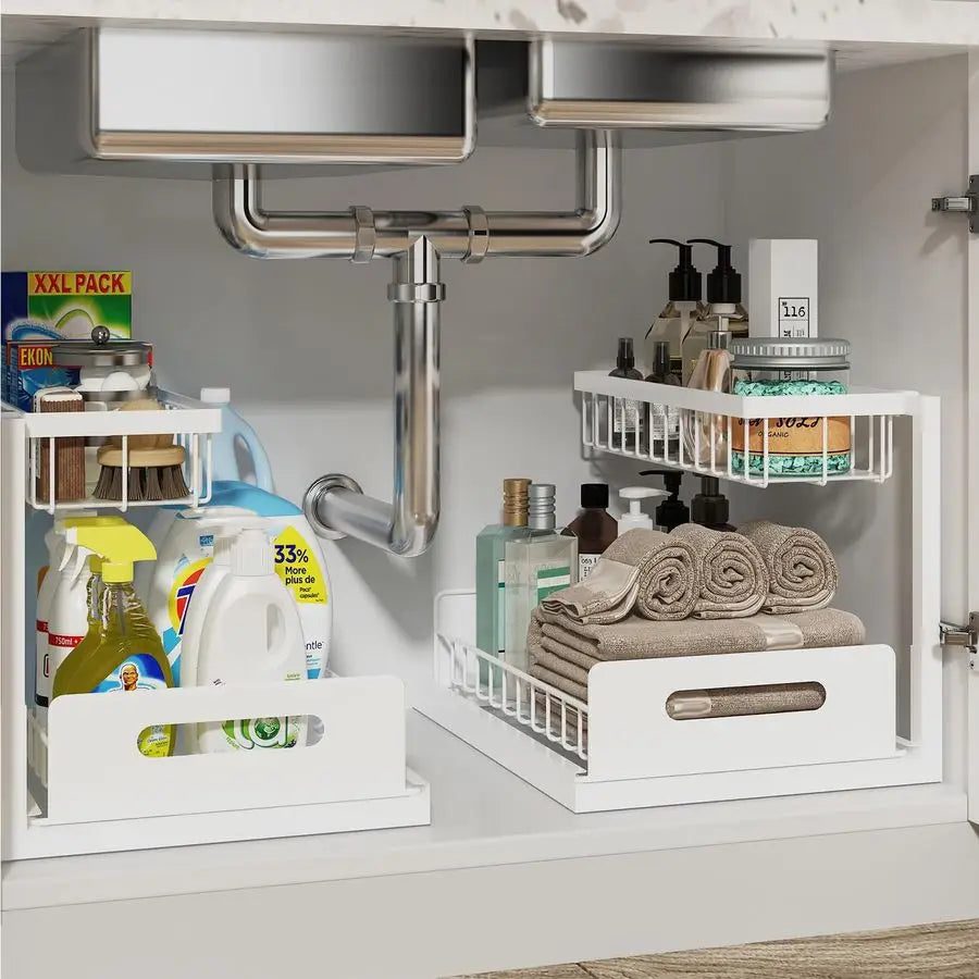 Under Sink Organizer – 2 Tier Pull-Out Slide-Out Cabinet Storage Shelf for Kitchen & Bathroom