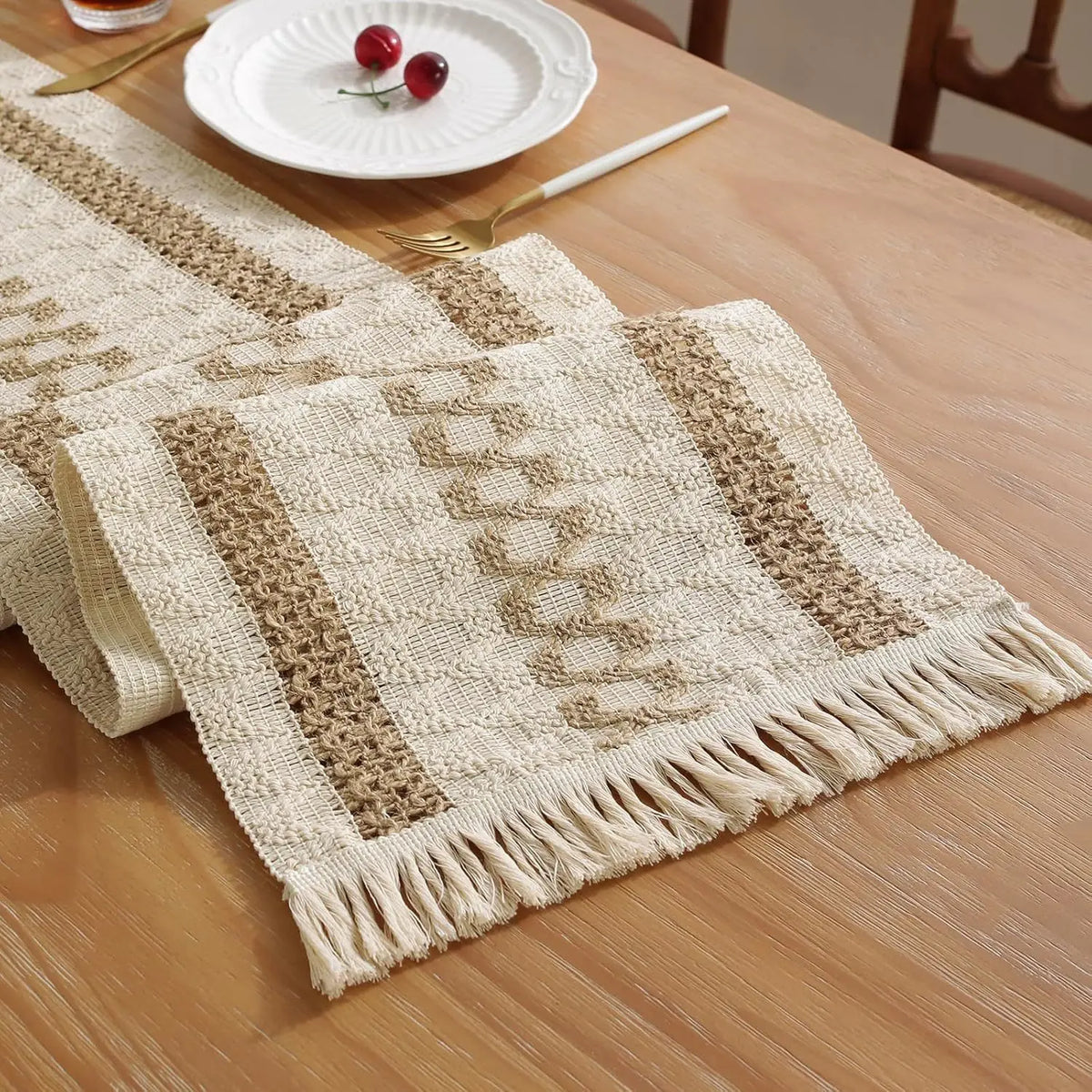 Cream & Brown Boho Table Runner with Tassels – Farmhouse Table Decor Accent