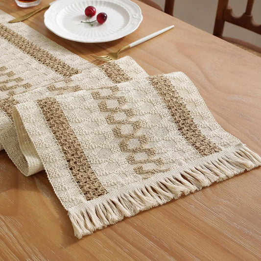 Cream & Brown Boho Table Runner with Tassels – Farmhouse Table Decor Accent