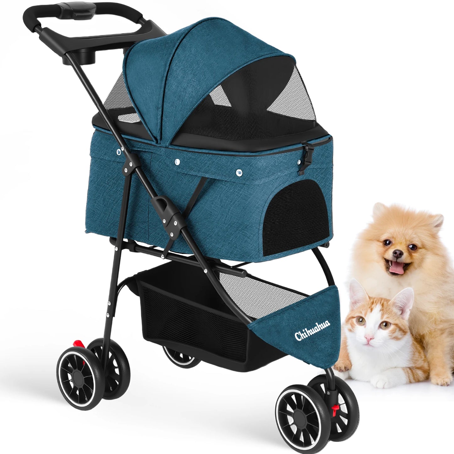 Portable Foldable Pet Stroller for Small Dogs and Cats; with Canopy and Storage Basket in Multiple Colors.