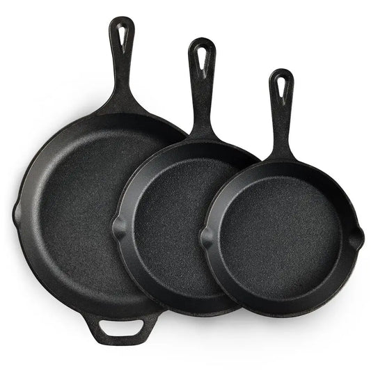 Cast Iron Skillet 3-Piece Set – Heavy Duty Pre-Seasoned Chef Quality Cookware (6”, 8”, 10”)