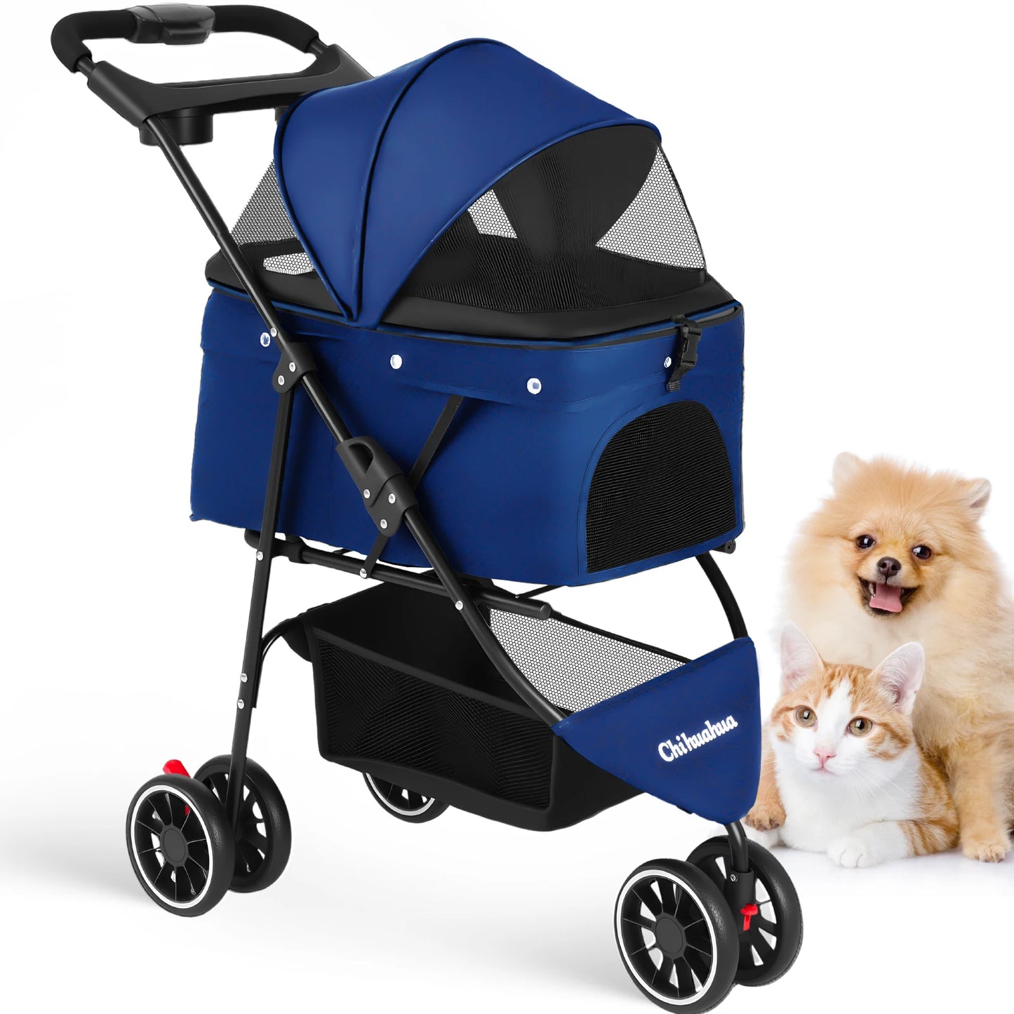 Portable Foldable Pet Stroller for Small Dogs and Cats; with Canopy and Storage Basket in Multiple Colors.
