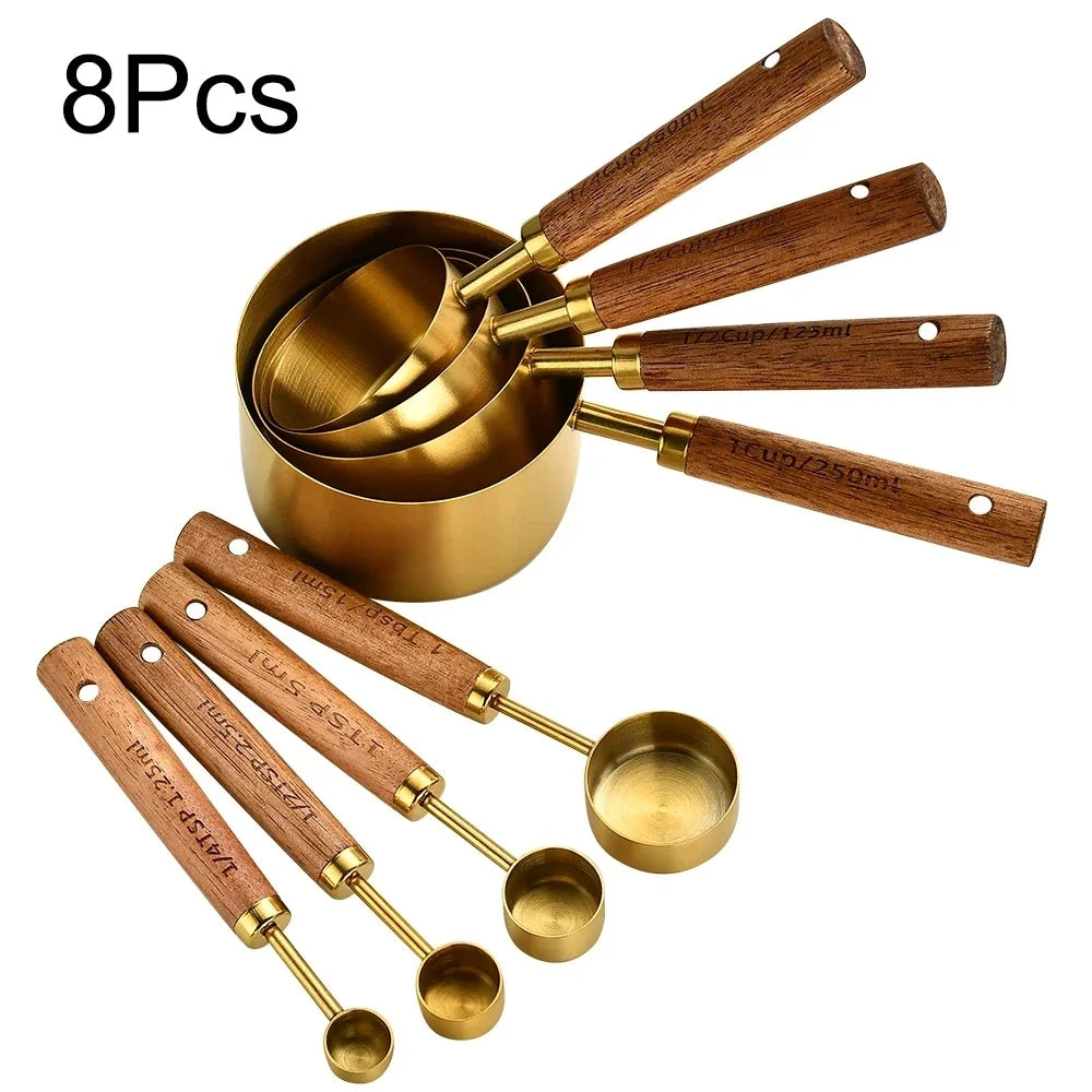 8Pcs Baking Measuring Tool Set – Gold Finish Stainless Steel Cups & Spoons with Wood Handles
