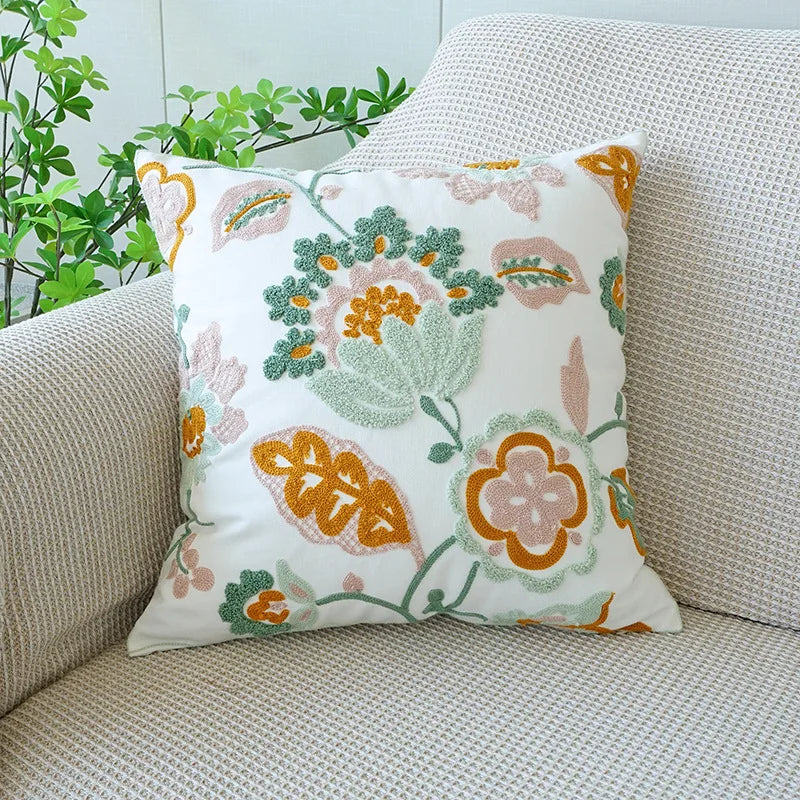 Pure Cotton Flower Towel Embroidered Cushion Cover – Modern Nordic Sofa Pillowcase