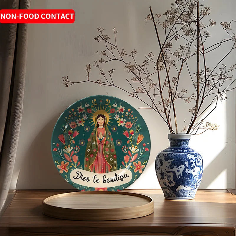 Virgin of Guadalupe Floral Round Ceramic Wall Plate - Religious Art Decor for Home, Non-Food Use