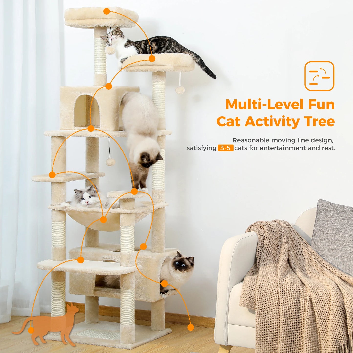 Large Cat Tree and Tower for Indoor Cats With Sisal-Covered Scratching Posts Spacious Hammock Padded Perches and Condos.