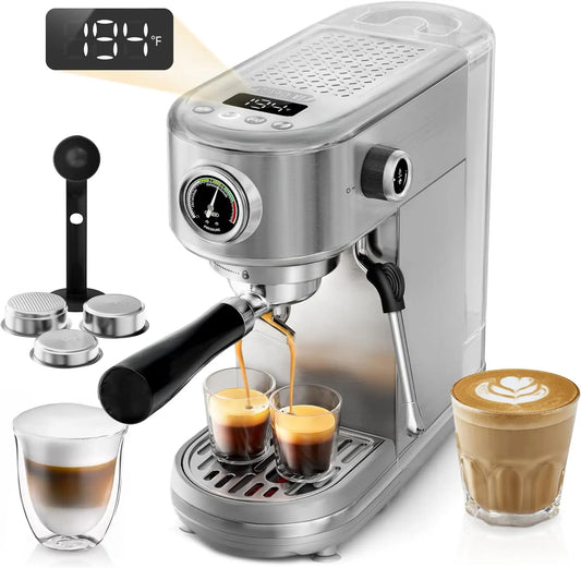 51mm Espresso Machine with Adjustable Temperature & Cup Volume, Intelligent Display & Pressure Gauge, Stainless Steel.