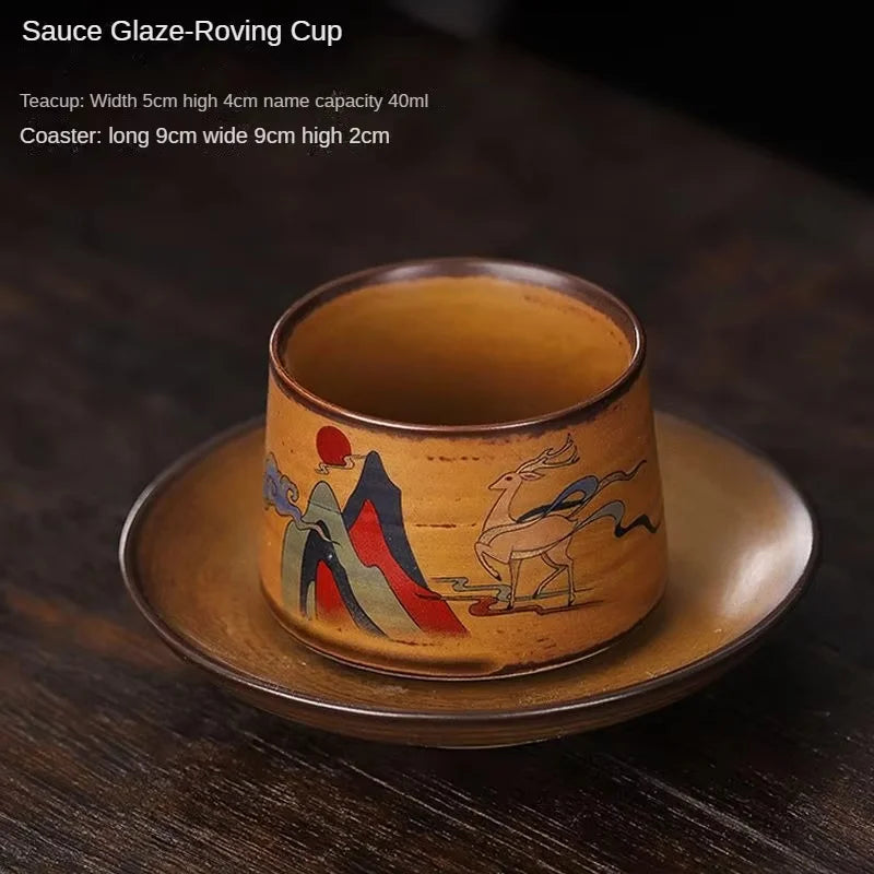 Handmade Ceramic Coffee Mug with Wooden Handle – Retro Tea & Coffee Cup with Filter Design
