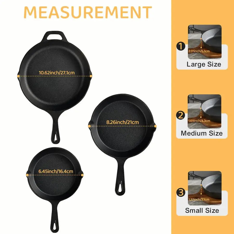 Cast Iron Skillet 3-Piece Set – Heavy Duty Pre-Seasoned Chef Quality Cookware (6”, 8”, 10”)