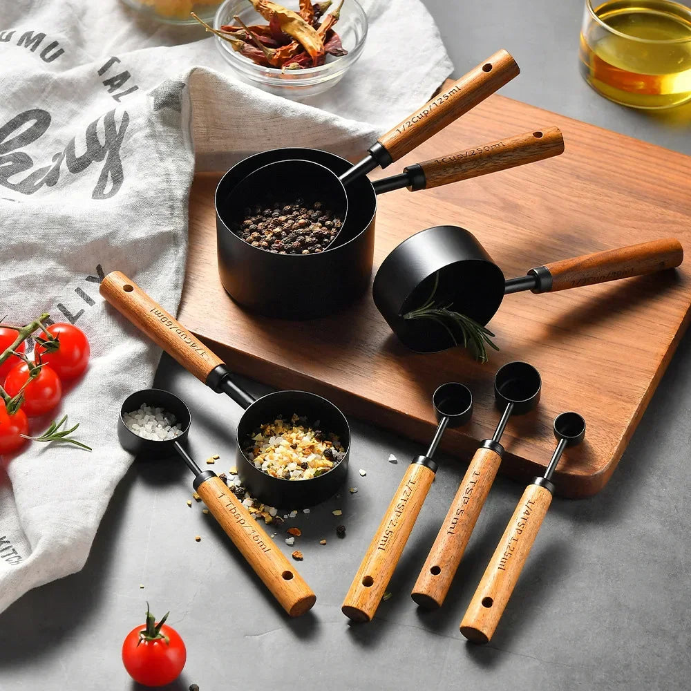 8Pcs Baking Measuring Tool Set – Gold Finish Stainless Steel Cups & Spoons with Wood Handles