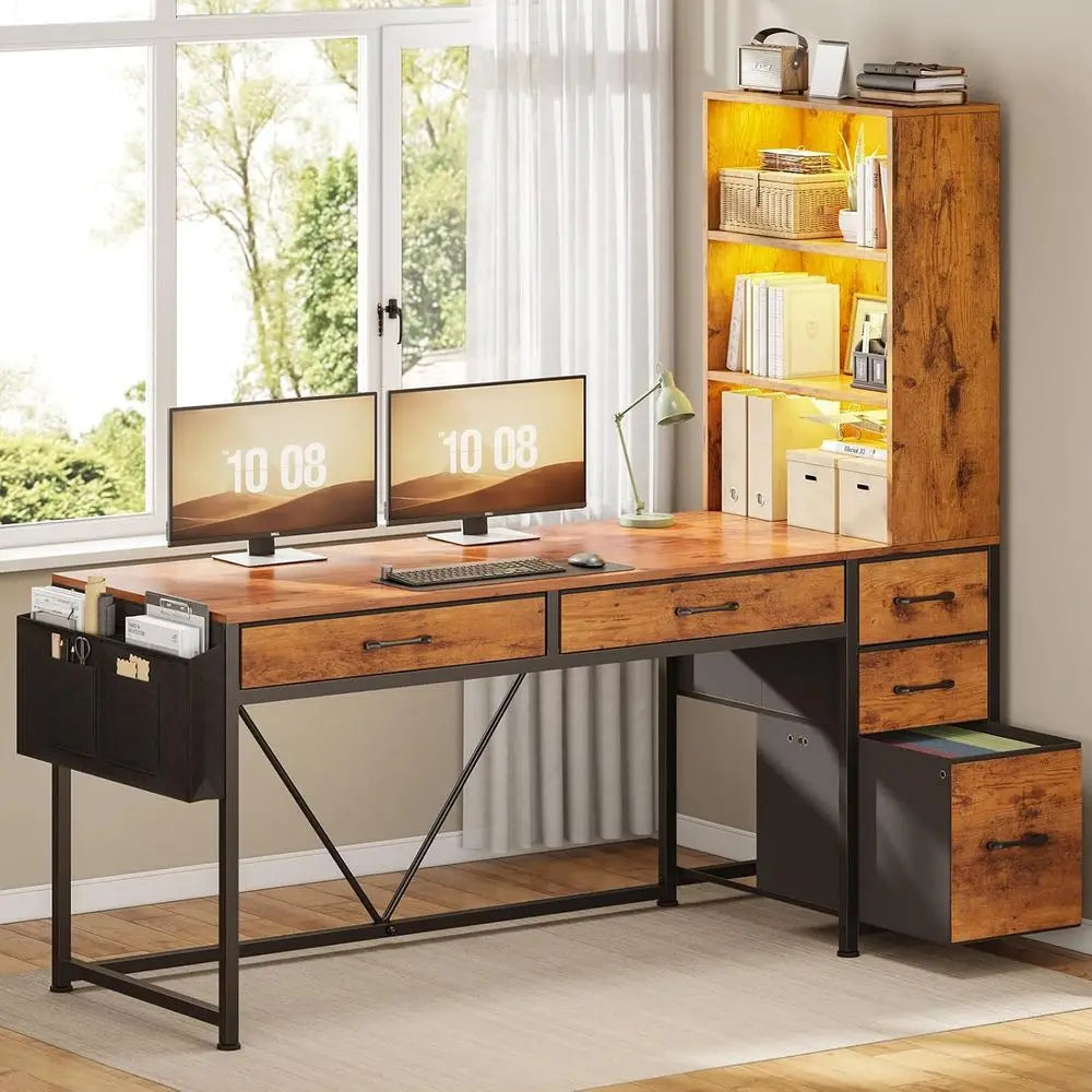 5-Drawer Rustic Brown Computer Desk with Integrated Bookshelf and LED Lights.