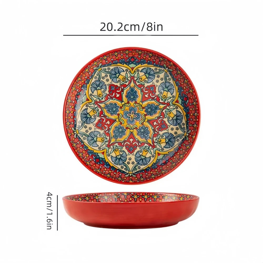 Creative Bohemian Ceramic Dinner Plate – High-Rimmed Multi-Use Home Dish