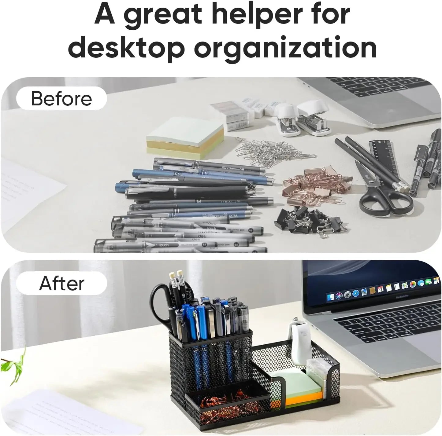Black Mesh Desk Organizer Caddy with Pencil Holder and 3 Storage Compartments