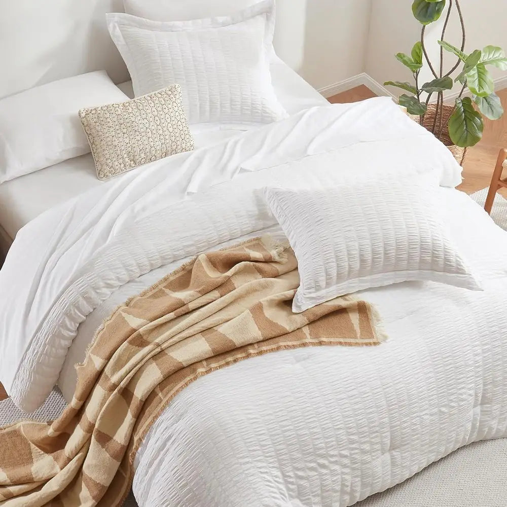 Luxury King Comforter Set – White Seersucker 7 Piece Bedding Collection, 120x98 King Bed in a Bag Set.