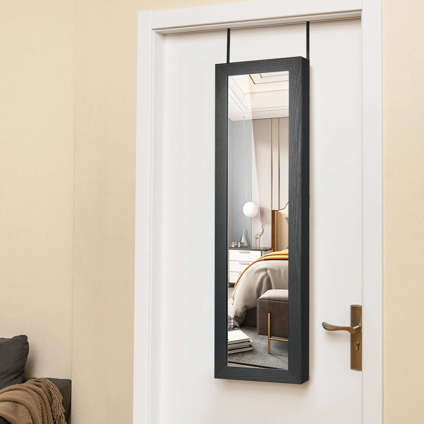 Modern Hanging Jewelry Cabinet with Mirror – Sleek Black Organizer for Bedroom