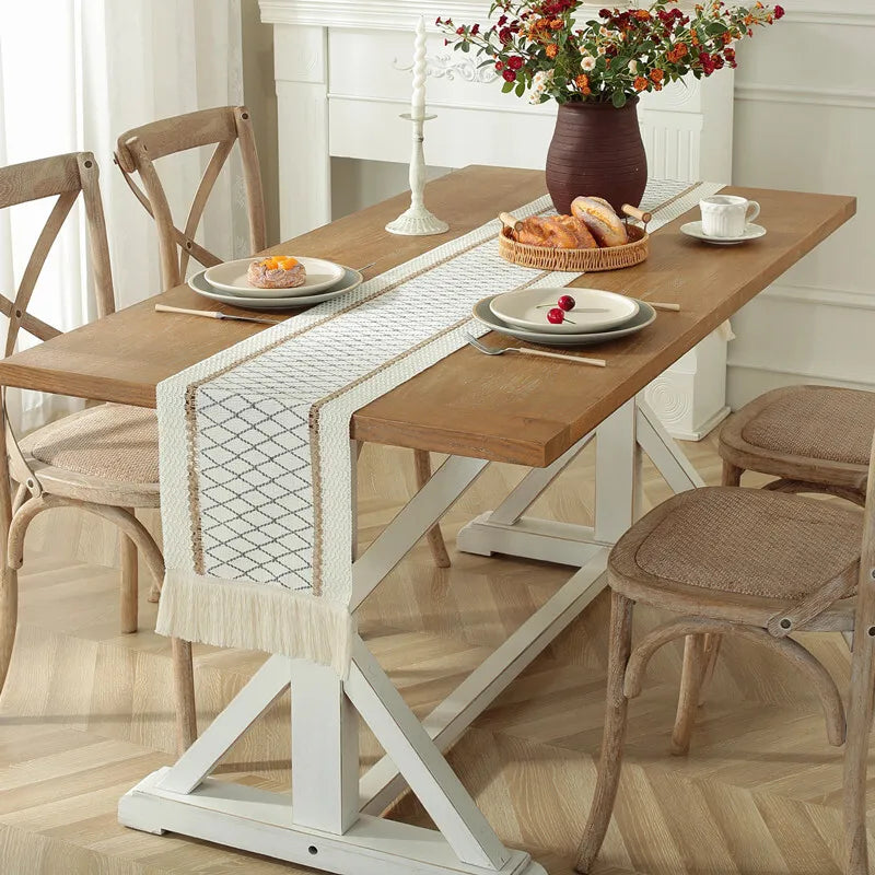 Cream & Brown Boho Table Runner with Tassels – Farmhouse Table Decor Accent