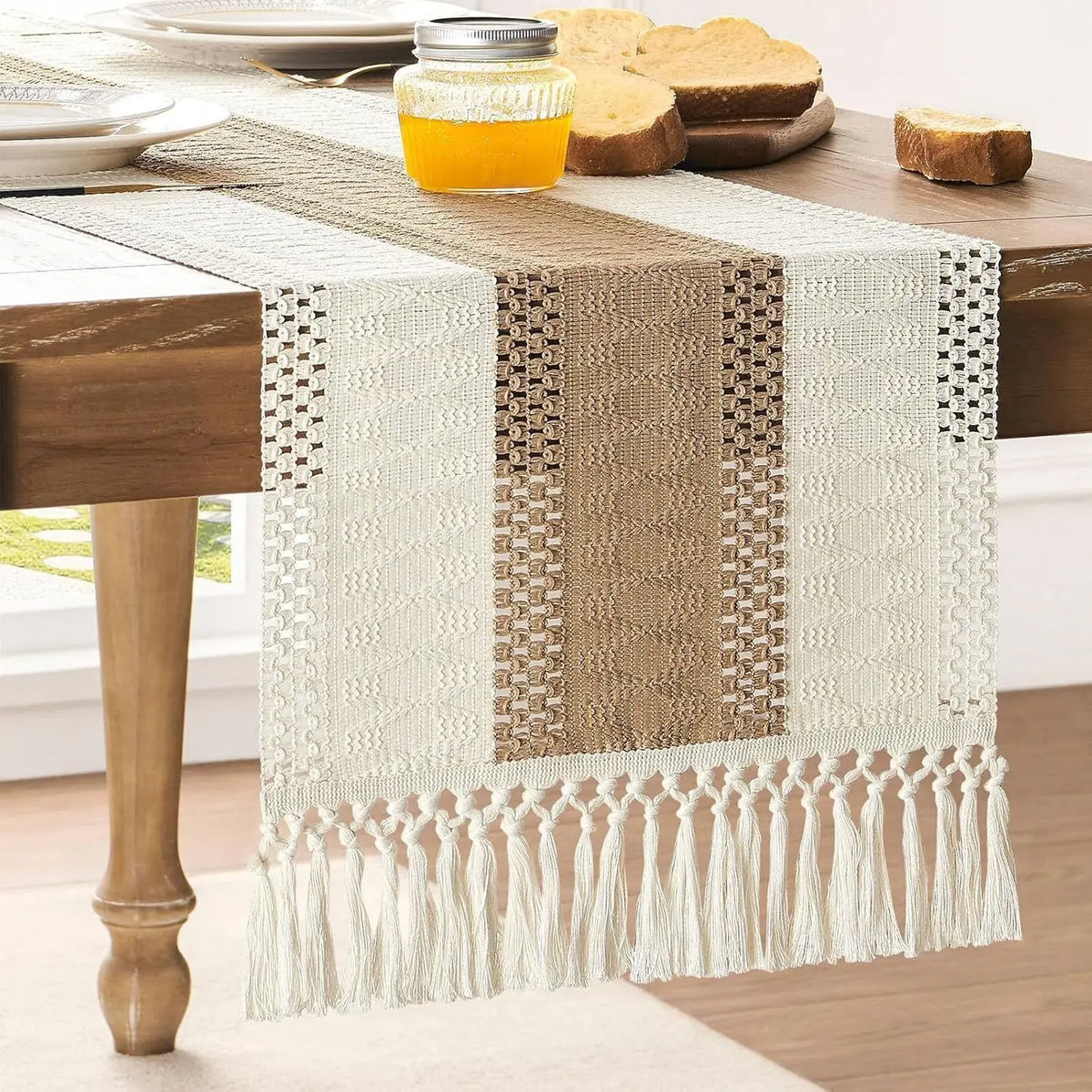 Cream & Brown Boho Table Runner with Tassels – Farmhouse Table Decor Accent