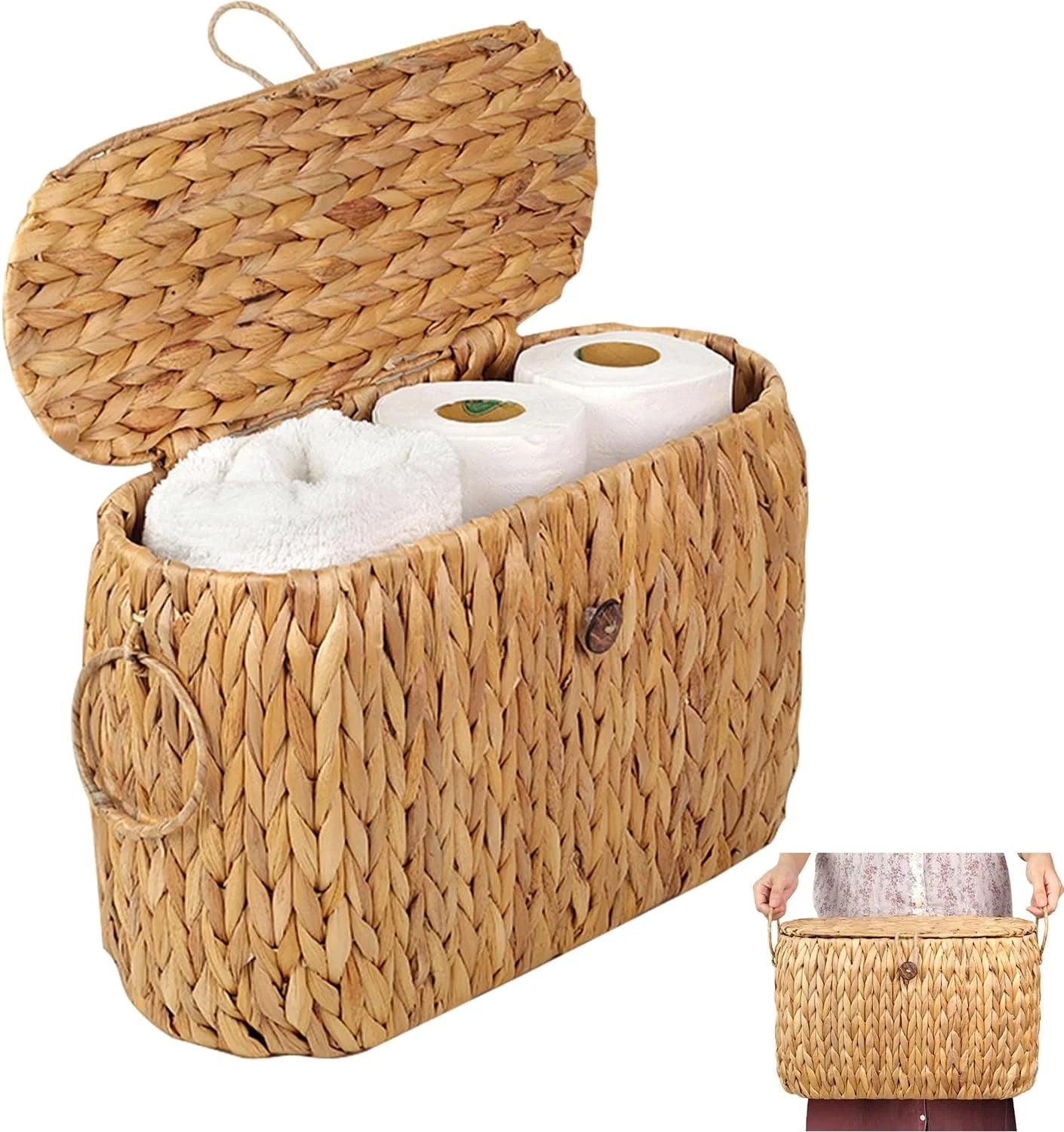 Handwoven Water Hyacinth Storage Basket for Toilet Paper Rolls (6 Roll Capacity)