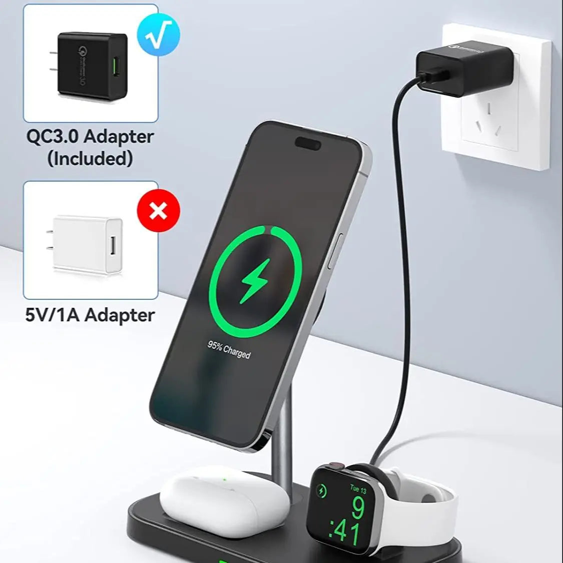 3-in-1 Wireless Charging Station for iPhone, Apple Watch, and AirPods; Compatible with iPhone 16/15/14/13 Series.