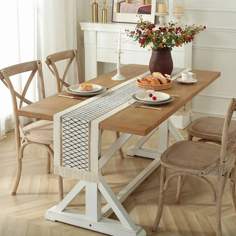 Cream & Brown Boho Table Runner with Tassels – Farmhouse Table Decor Accent