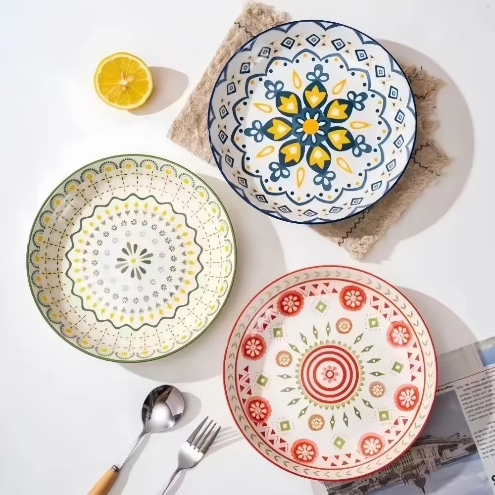 Creative Bohemian Ceramic Dinner Plate – High-Rimmed Multi-Use Home Dish