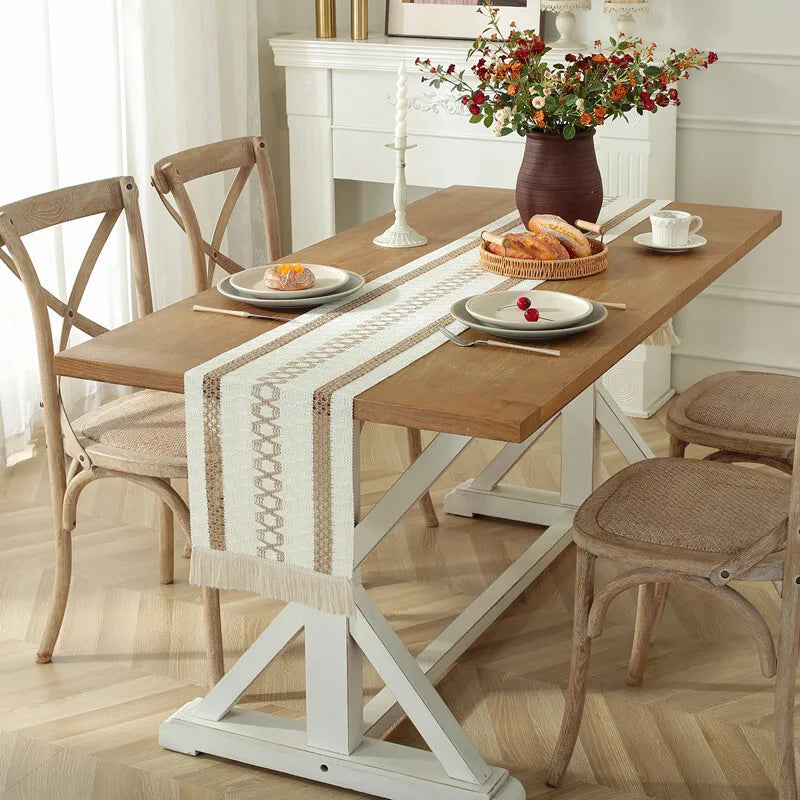 Cream & Brown Boho Table Runner with Tassels – Farmhouse Table Decor Accent
