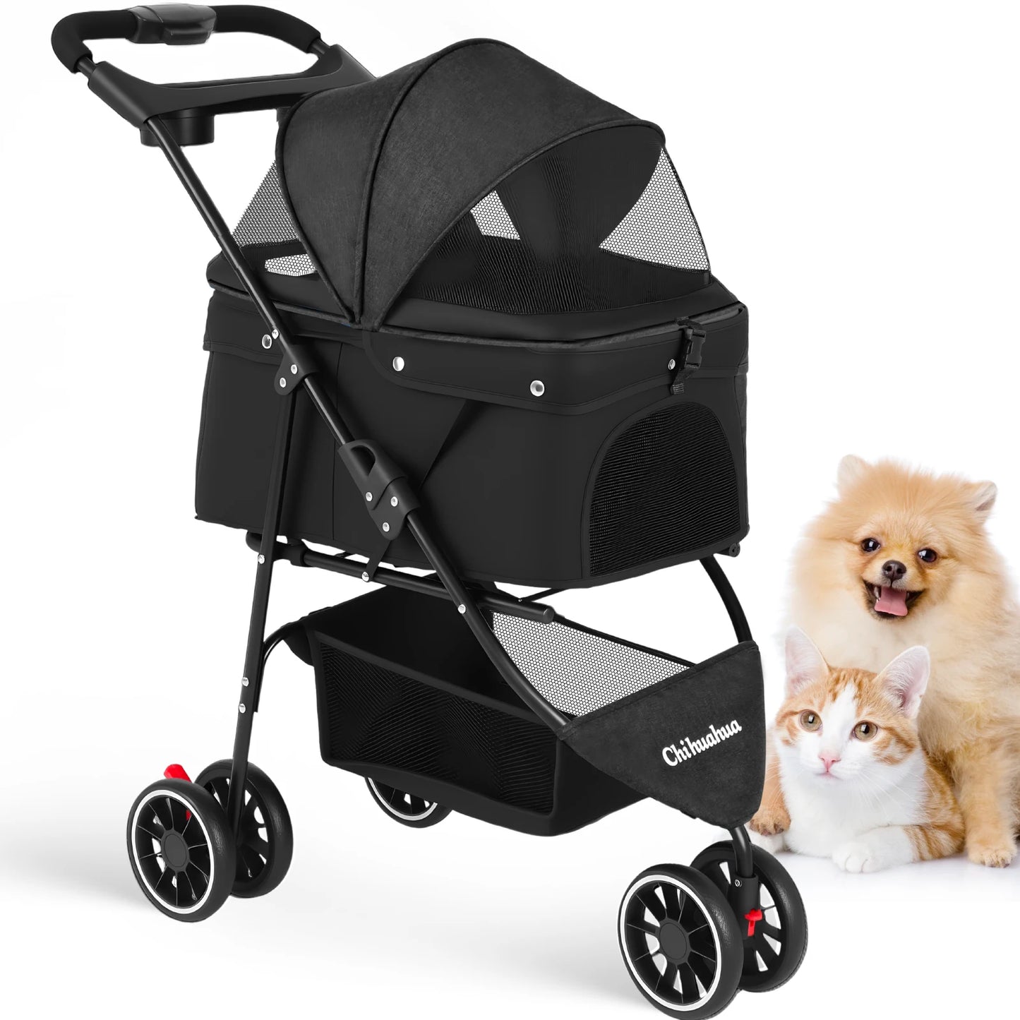 Portable Foldable Pet Stroller for Small Dogs and Cats; with Canopy and Storage Basket in Multiple Colors.