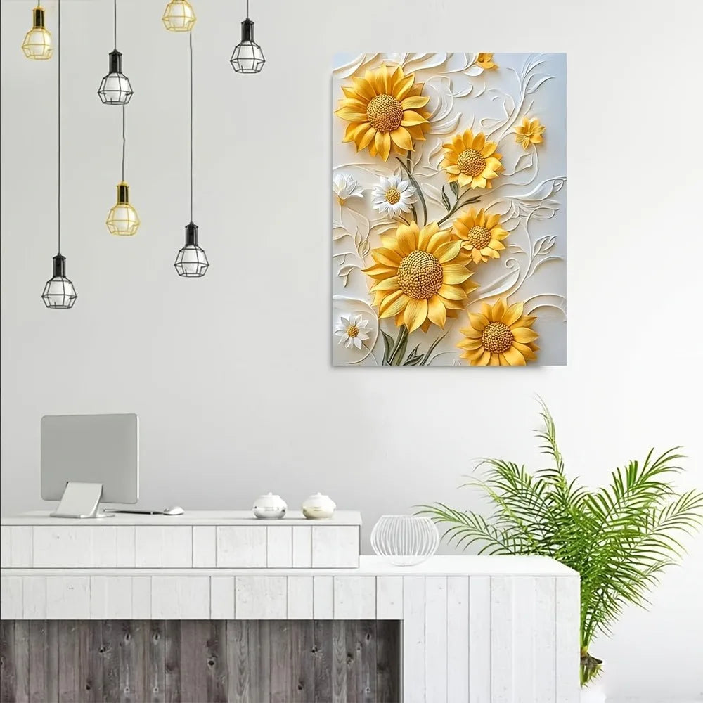 Modern 3D Sunflower Relief Canvas Art with Wooden Frame.