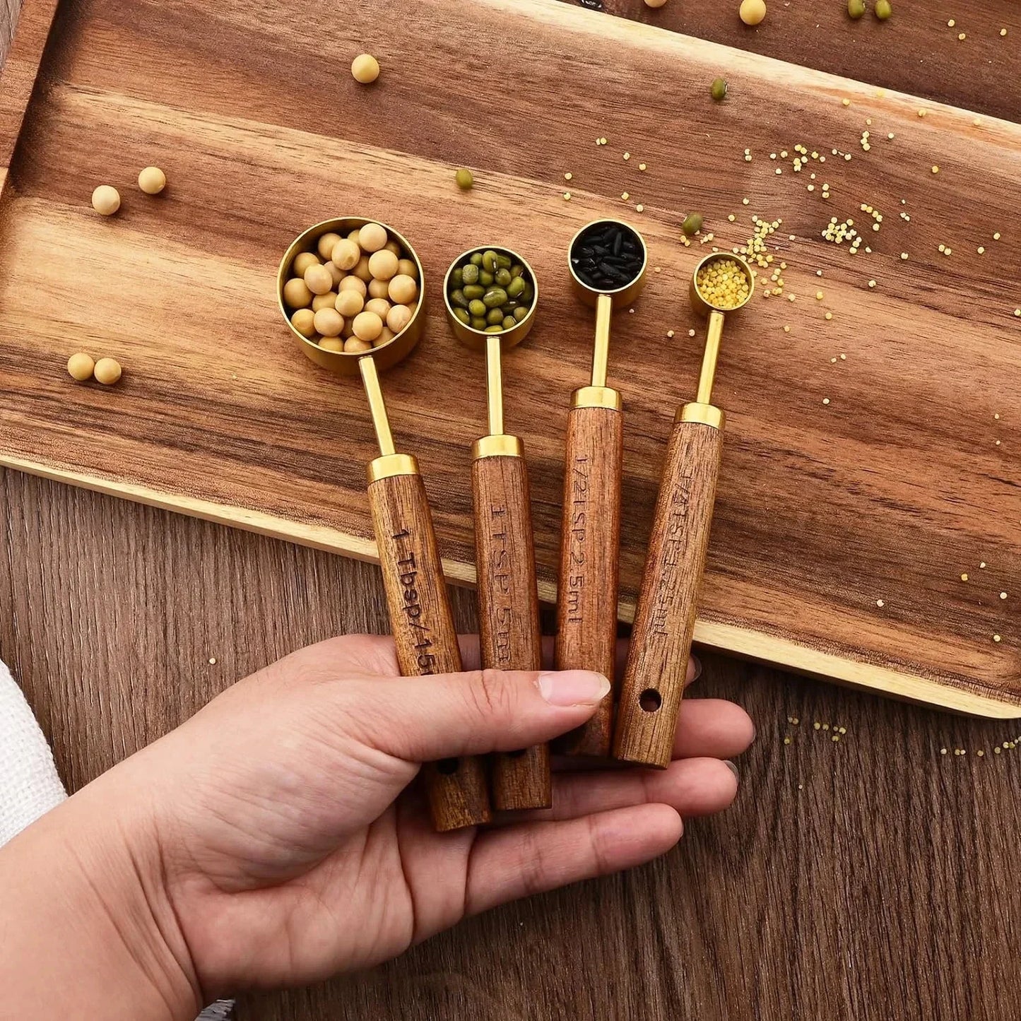 8Pcs Baking Measuring Tool Set – Gold Finish Stainless Steel Cups & Spoons with Wood Handles