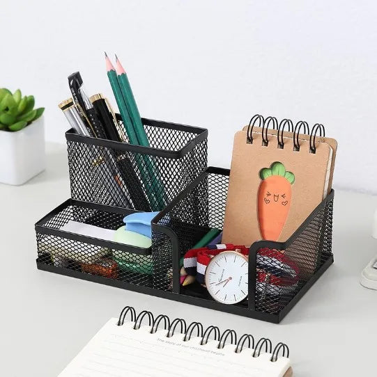 Black Mesh Desk Organizer Caddy with Pencil Holder and 3 Storage Compartments