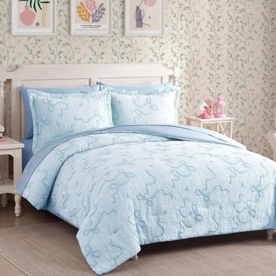 Light Blue Twin Comforter Set for Girls – 5 Piece Bowknot Jacquard Bed in a Bag Bedding Set