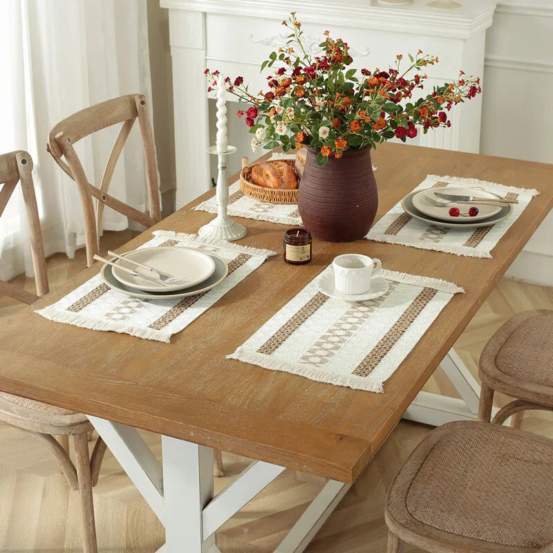 Cream & Brown Boho Table Runner with Tassels – Farmhouse Table Decor Accent