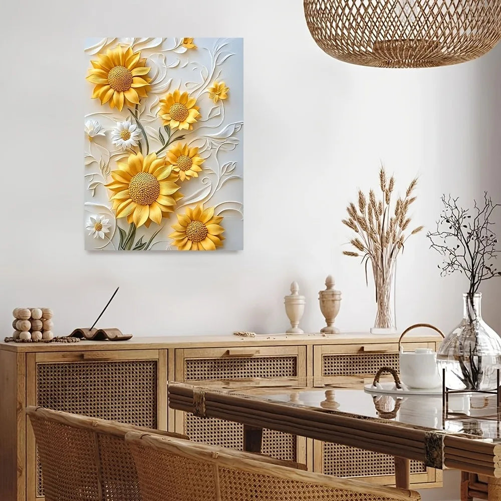 Modern 3D Sunflower Relief Canvas Art with Wooden Frame.