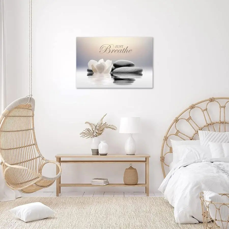 “Just Breathe” Yoga Wall Art with White Lotus Spa Design.